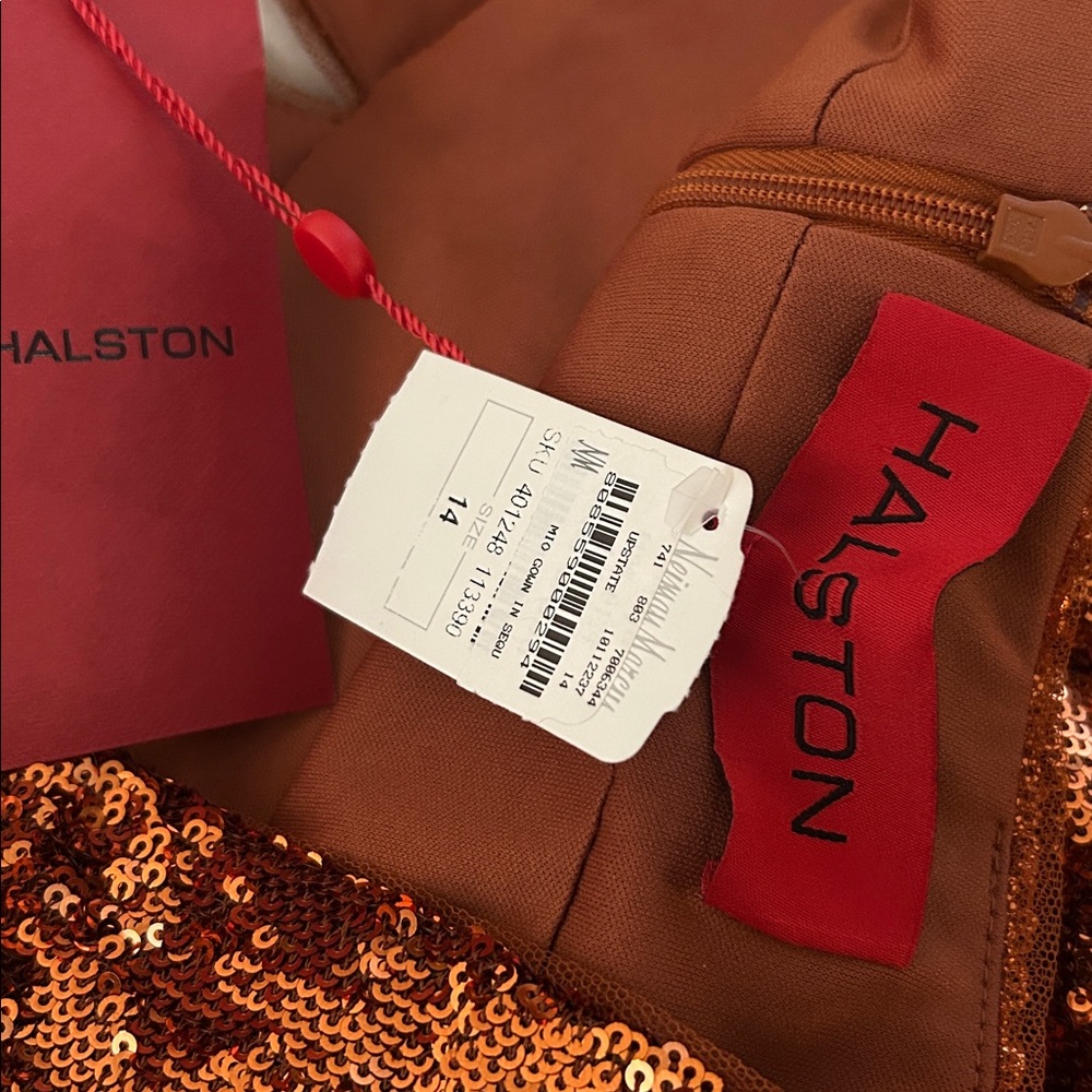 NWT Halston Copper Sequin Halter V Gown Dress Heart Buckle Sleeveless Size 14 - Picture 12 of 13